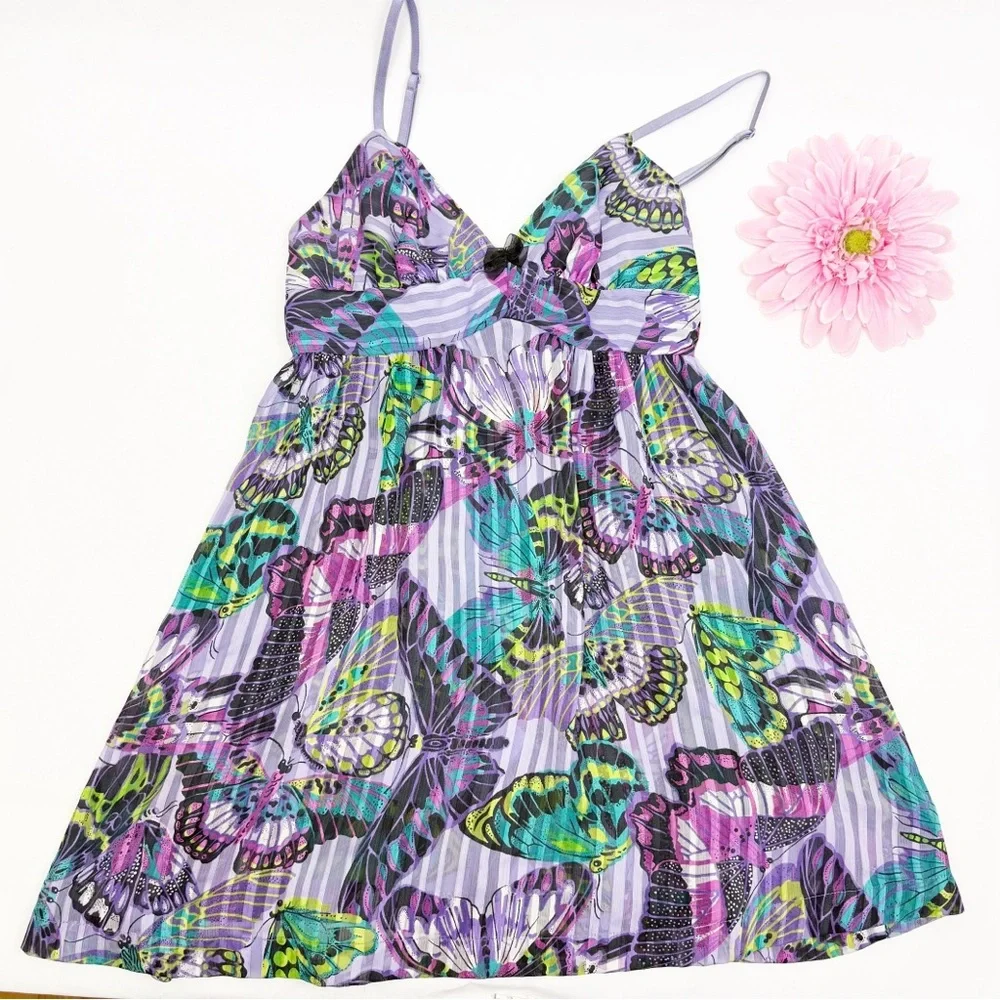 Betsey Johnson Intimates Butterfly Print Satin Chemise Slip Open Tie Back Purple